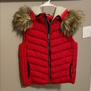 GAP Red Puffer Vest with Faux Fur Hood